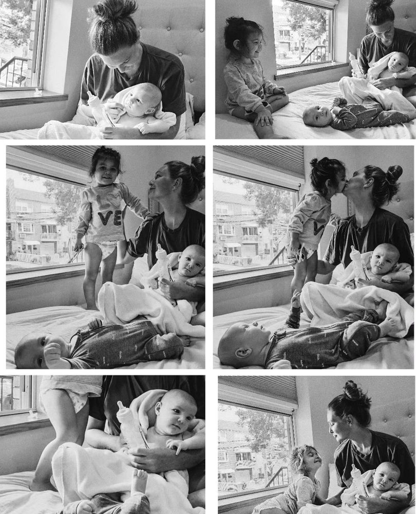 Black and white photos capturing tender moments between a mother and her two young children in a cozy bedroom.