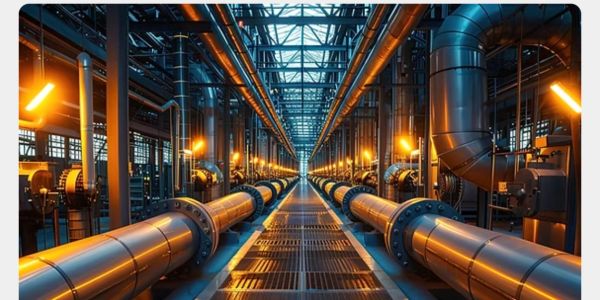 Industrial facility with large pipes and warm lighting.