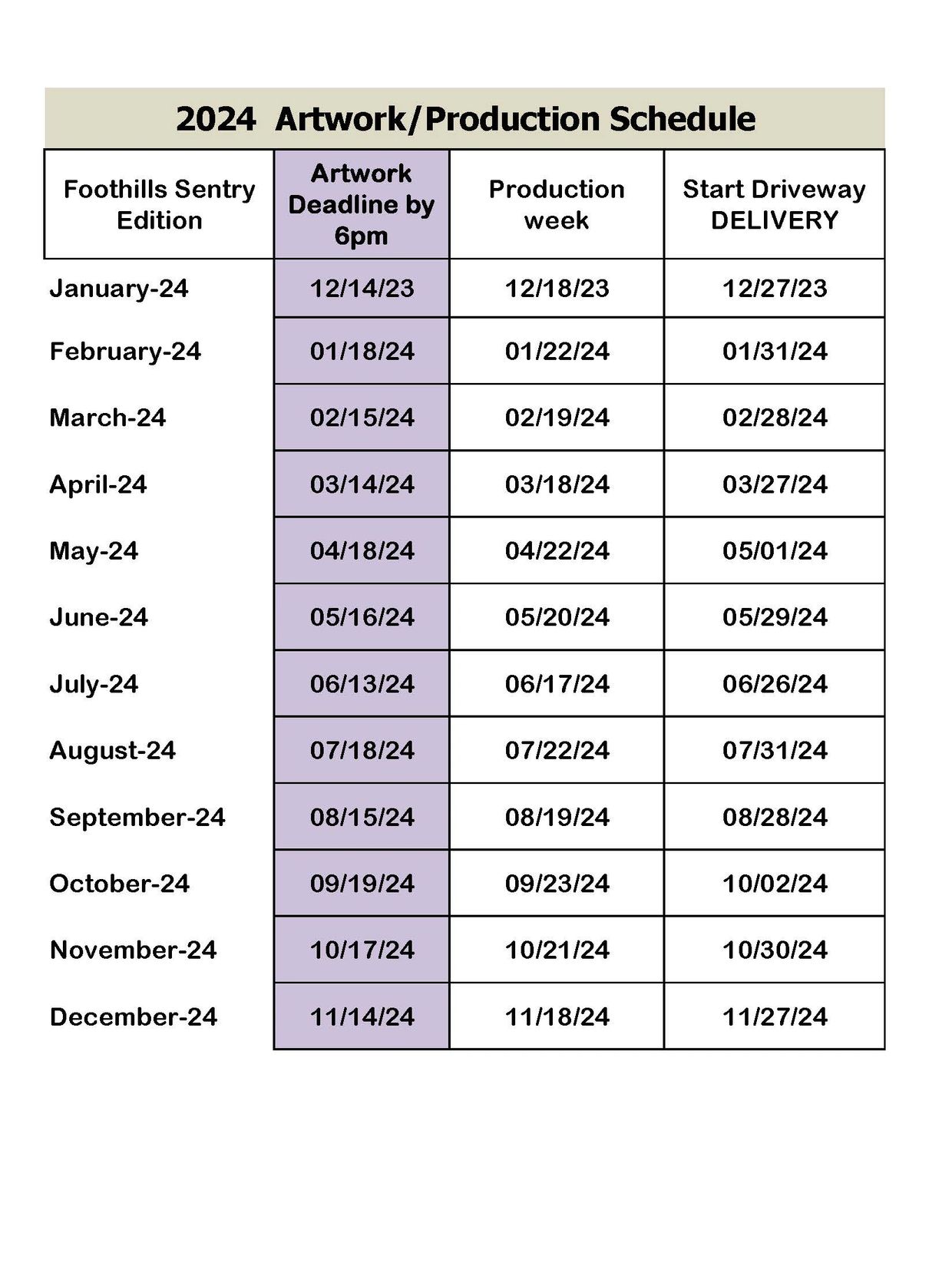 2024 artwork production schedule