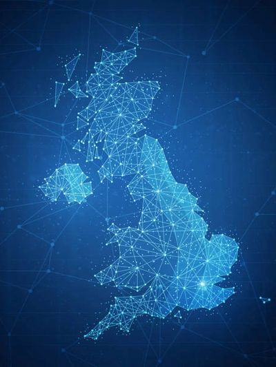 Digital map of the United Kingdom with a network of glowing blue connections.