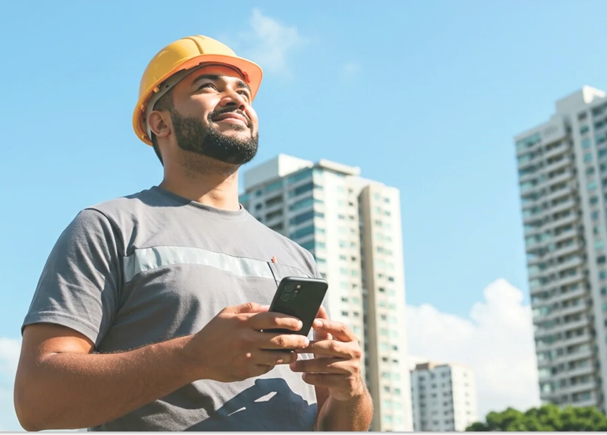 Um homem com uniforme de trabalho, com celular na mão e olhando para cima com olhar de esperança.