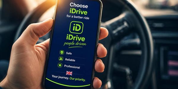 Person holding phone showing iDrive app for safe, reliable rides.