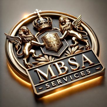Elegant golden MBSA Services emblem with lions and crown.