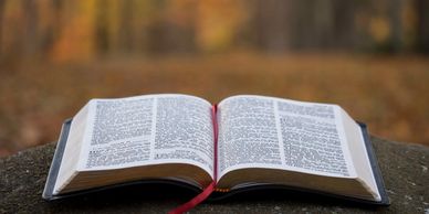 An open book with a red bookmark resting on a stone surface outdoors.