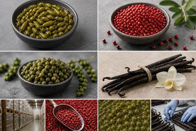 Various peppercorns and vanilla beans displayed in bowls and bundles.