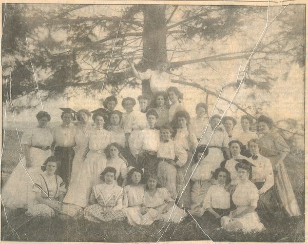 A group of women pose for a photograph following a graduation at the Drew Seminary for Young Women. 