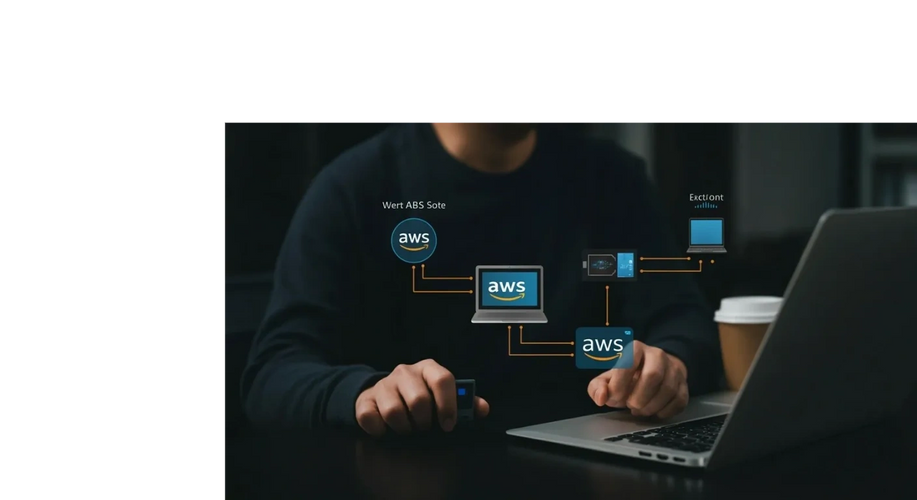 Person interacting with a laptop showing AWS cloud service icons and data flow diagrams.