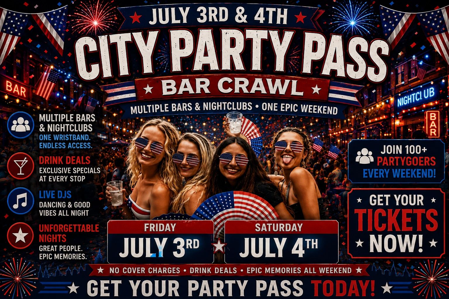 City party pass bar crawl event on July 3rd and 4th with multiple bars and nightclubs.