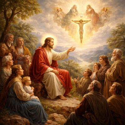 Jesus teaching a group of people with a divine vision above.