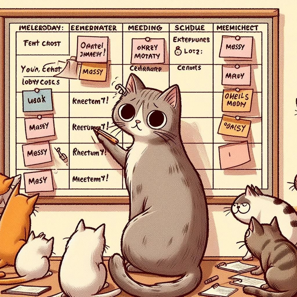 A cat organize meeting schedule with multiple cats in an old fashion way.