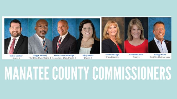 Portraits of Manatee County Commissioners with names and titles below each photo.