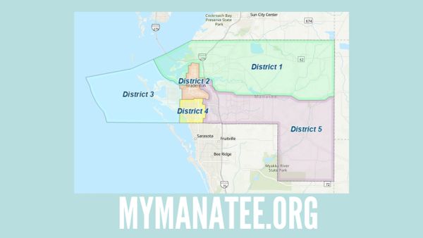 Map showing five districts in Manatee County, Florida, with clear boundaries and labels.