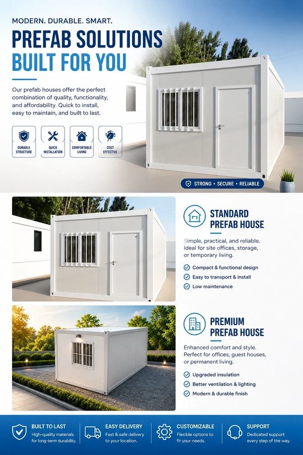 Prefab houses offering durable, quick, and affordable living solutions.