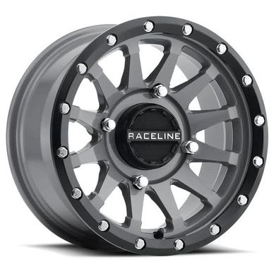 Gray Raceline alloy wheel with bolts.