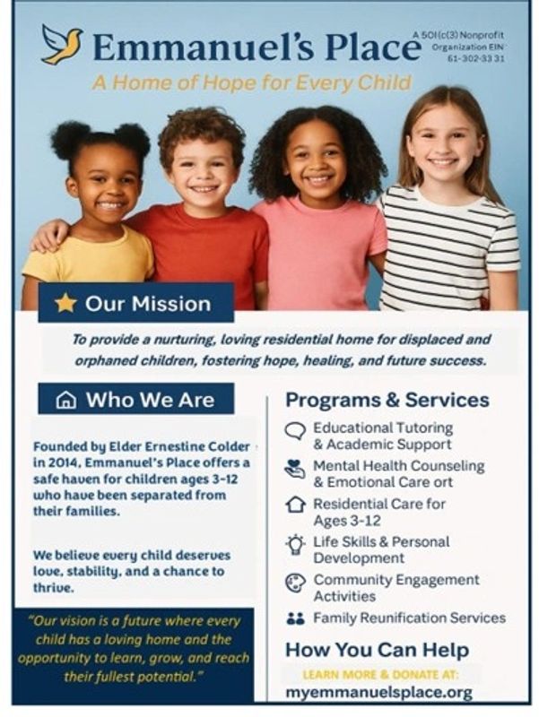 Children smiling for Emmanuel's Place mission poster.