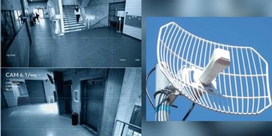 Security camera footage inside a building showing hallways and stairs.