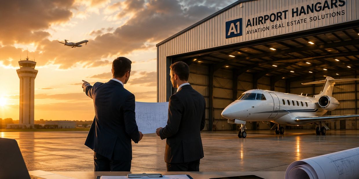 Two businessmen discussing near an airport hangar at sunset.