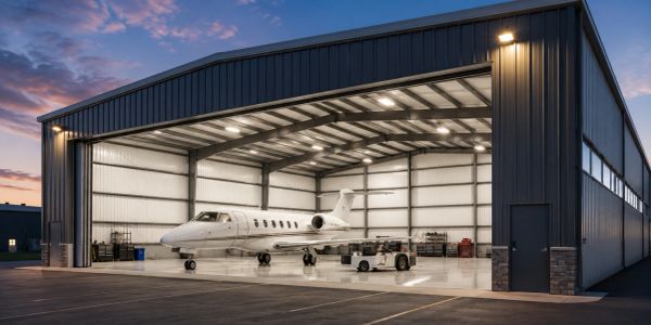 Private jet inside a spacious hangar at sunset.