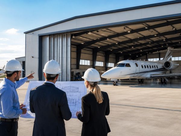 People in hard hats inspecting a private jet near hangar.