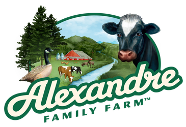 Logo of Alexandre Family Farm featuring cows, a goose, and a farm landscape.