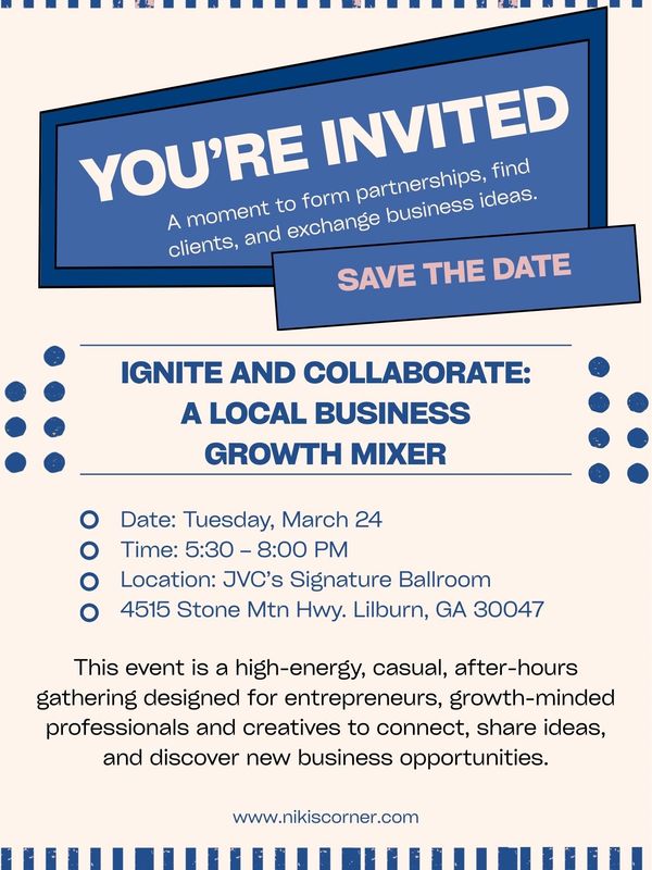 Invitation to a local business growth mixer on March 24 at JVC’s Signature Ballroom.
