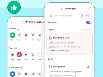 Mobile app interface for managing work orders with status and inspection details.