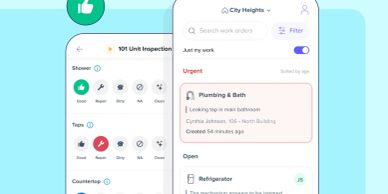 Mobile app interface showing inspection tasks and filters.