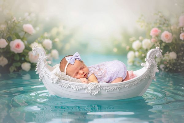 Fine Art Newborn Portrait editorial vibe Charleston SC baby in boat on blue water white flowers 
