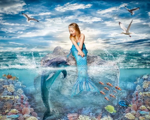 Fantasy/Fairy tale Photographer Charleston SC Mermaid on rock with dolphin in ocean  