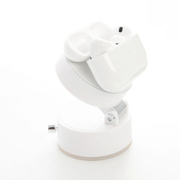White wireless earbuds in a charging case on a white stand.