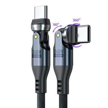 A 240W USB-C charging cable with 180° and 360° rotating connectors.