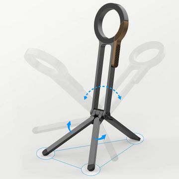 Adjustable tripod stand with rotating legs and a circular holder.