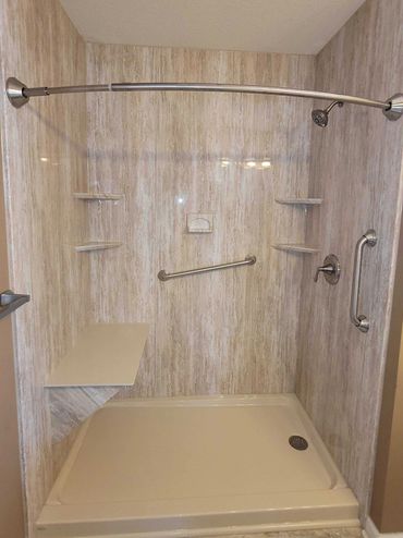 Jacuzzi Bath Remodel walk-in shower featuring sandstorm walls