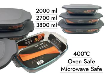 Set of three glass baking dishes with lids, various sizes.
