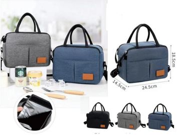 Stylish portable bags in gray, black, and blue.