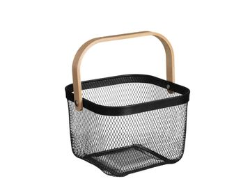 Black mesh basket with a wooden handle.
