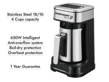 Electric coffee maker with 4 cups capacity and safety features.