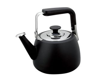 Black stovetop kettle with silver lid and spout tip.