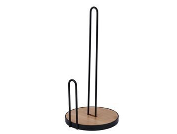 Paper towel holder with wooden base and black metal rods.