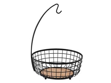 Black wire basket with wooden base and handle.