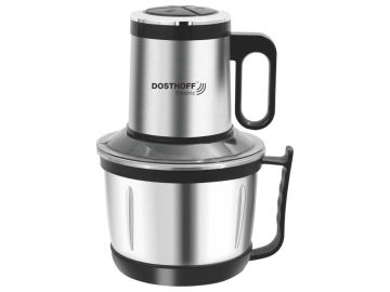 Stainless steel electric mixer grinder with two jars and handles.
