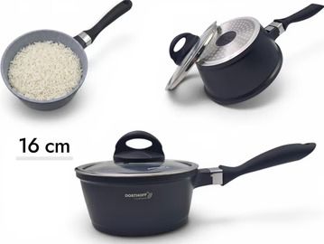 Black 16 cm saucepan with handle and lid.