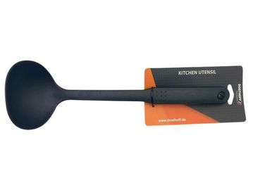 Black kitchen ladle with a flat handle.