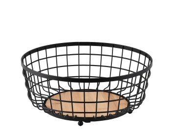 Black wire basket with wooden bottom.