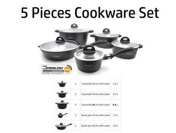 5-piece cookware set with glass lids.
