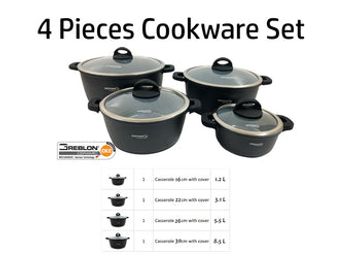 4-piece black cookware set with glass lids.
