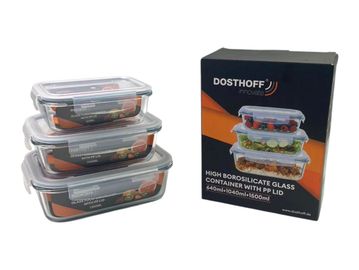 Set of three glass storage containers with lids.