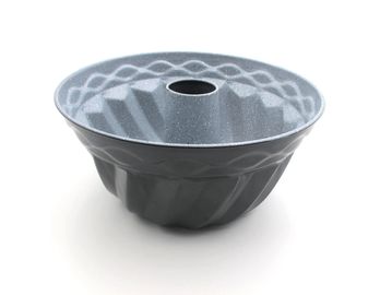 Gray bundt cake pan with a central tube.