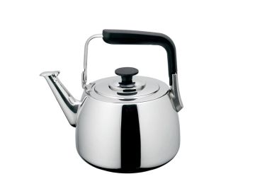 Shiny stainless steel kettle with black handle.