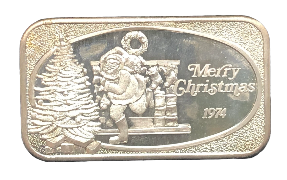 Merry Christmas 1974 Silver Bar 1 Troy Oz 999 Silver United States